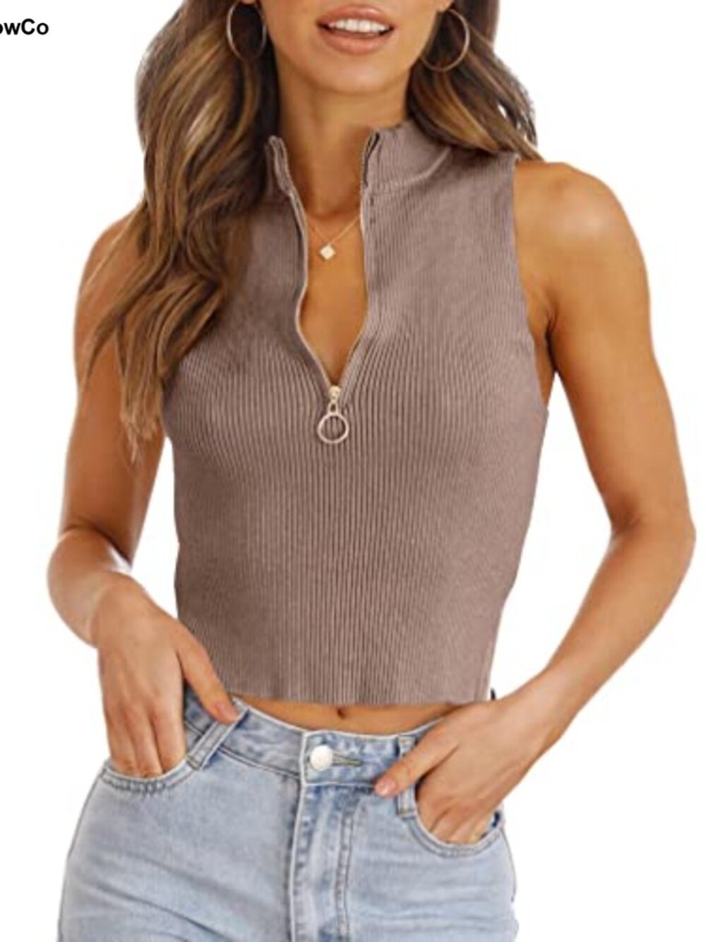Womens Summer Zipper Knit Crop Top Sleeveless Going Out Y2K Tank
